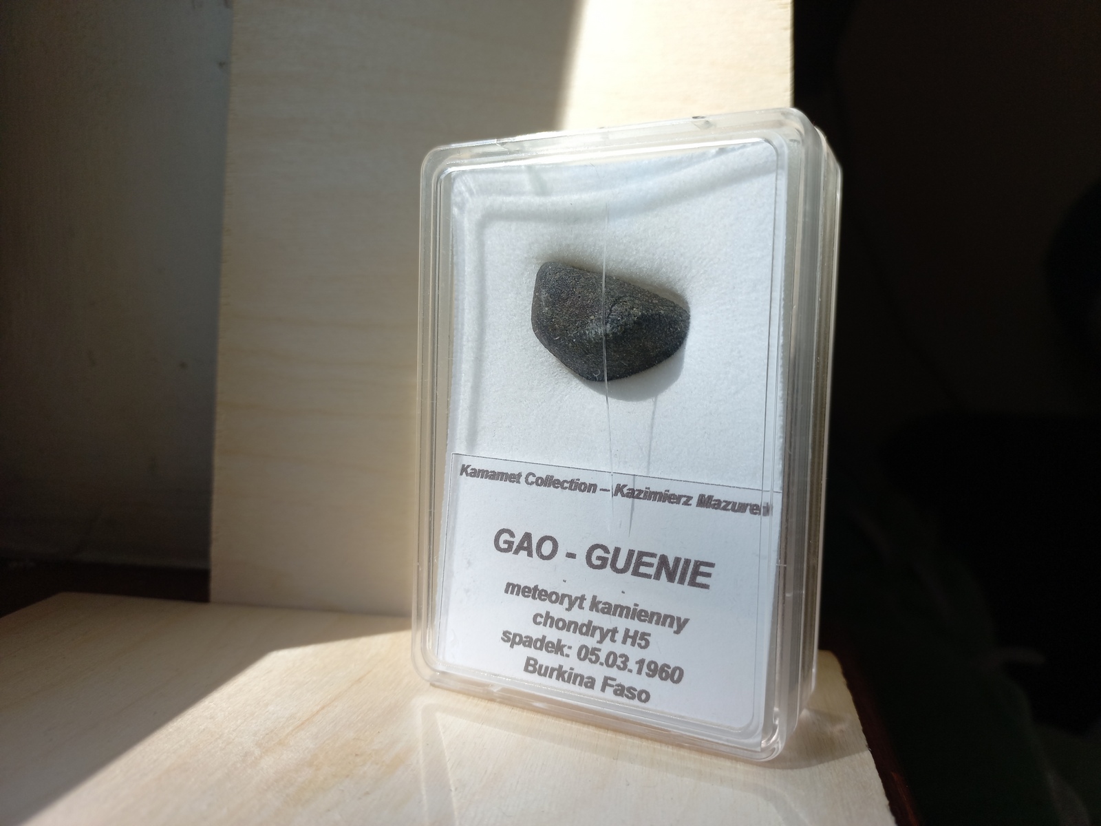 meteorite in a display box